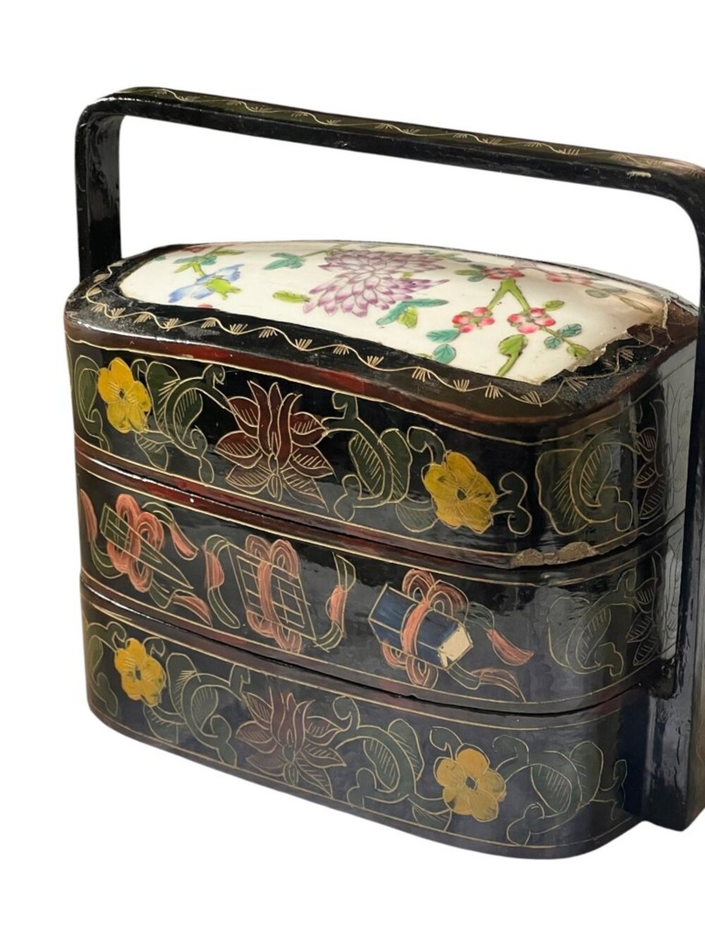 Antique Chinese Lacquered Wooden Wedding Box Shard Porcelain Lid & Handle 3-Tier